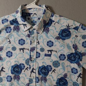Retro Rifle Fiesta Shirt Mens XS White Button Down Floral Party Lightweight
